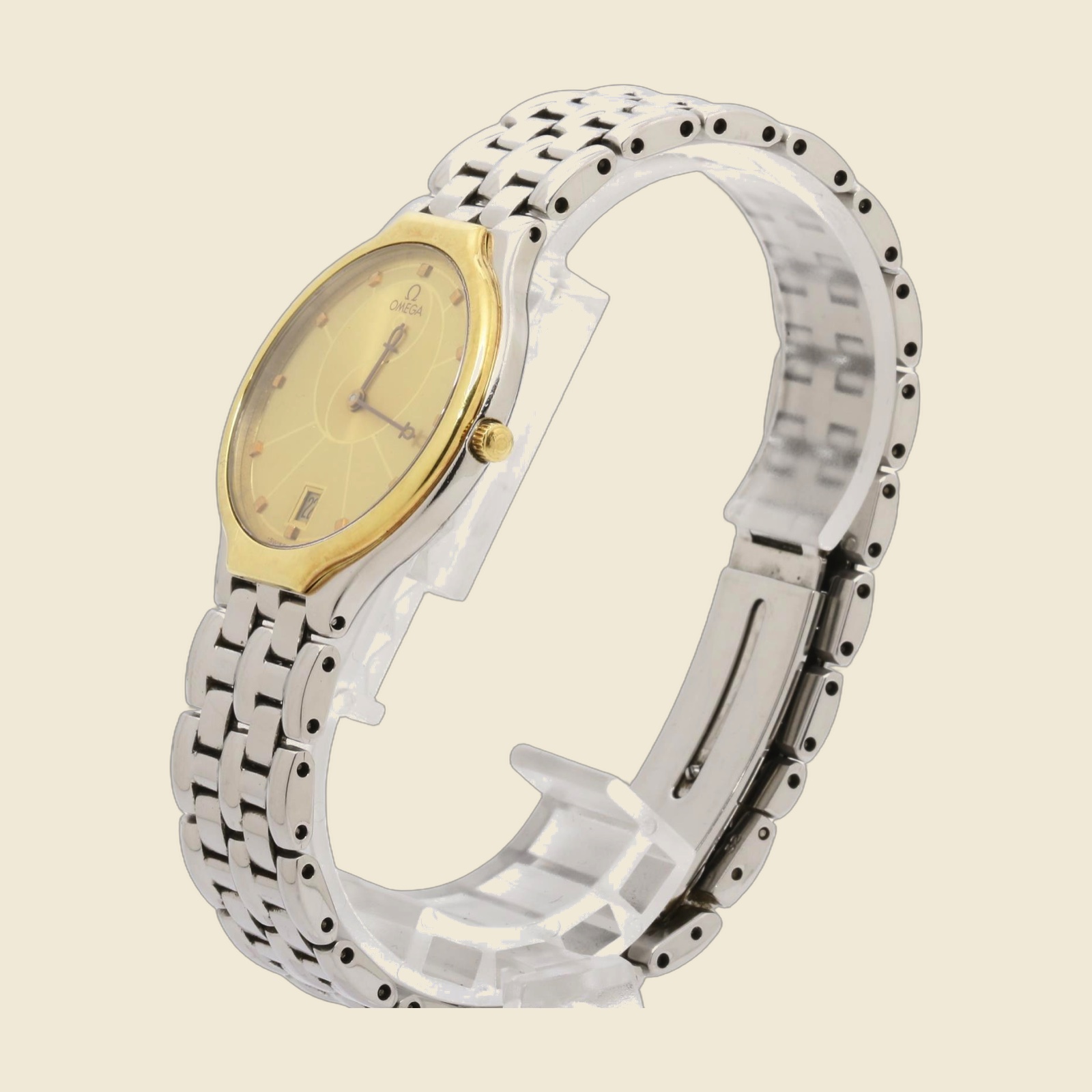 Orologio Omega in acciaio con quadrante champagne, datario a ore 6, lunetta dorata e bracciale a maglie integrato — vista 2
