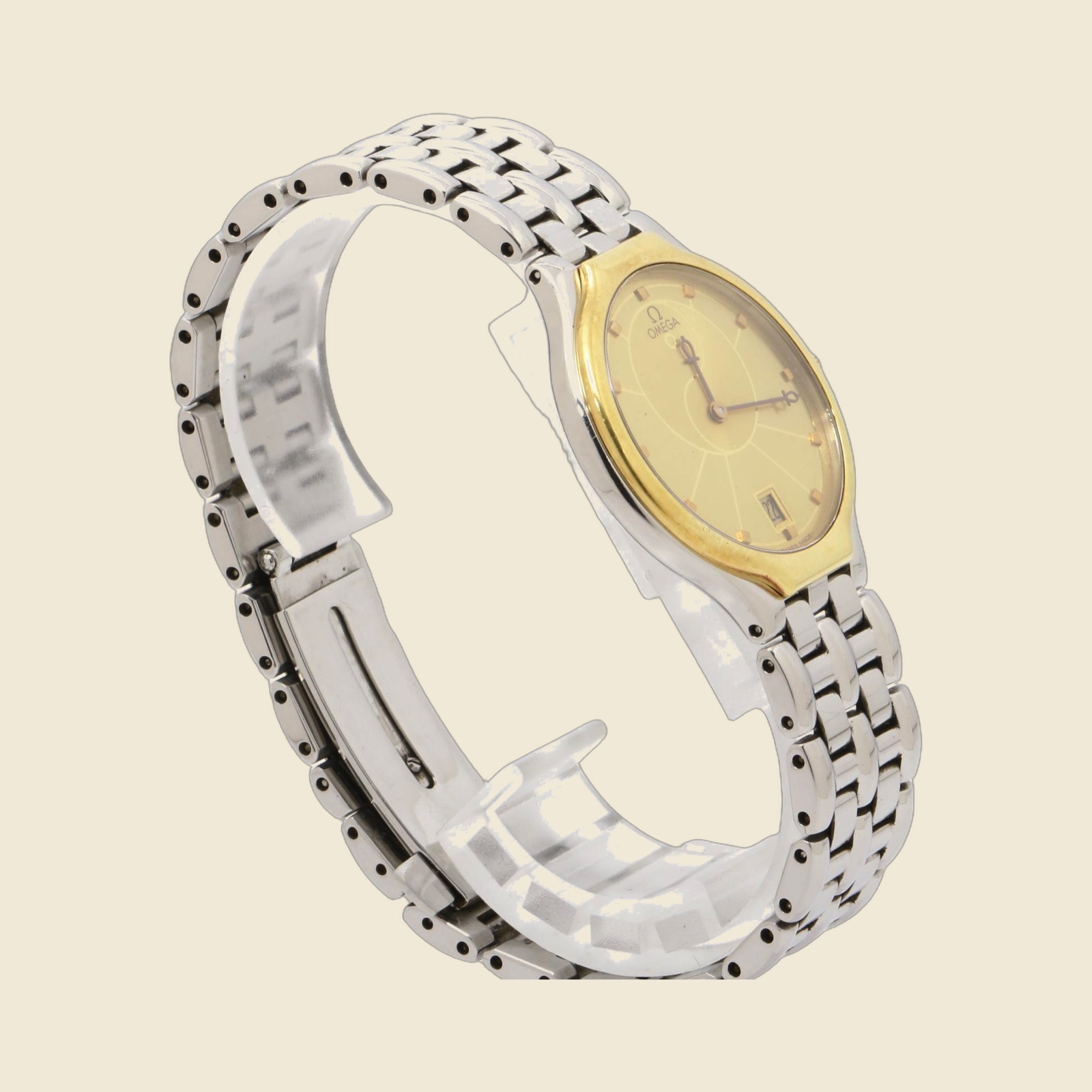Orologio Omega in acciaio con quadrante champagne, datario a ore 6, lunetta dorata e bracciale a maglie integrato — vista 3