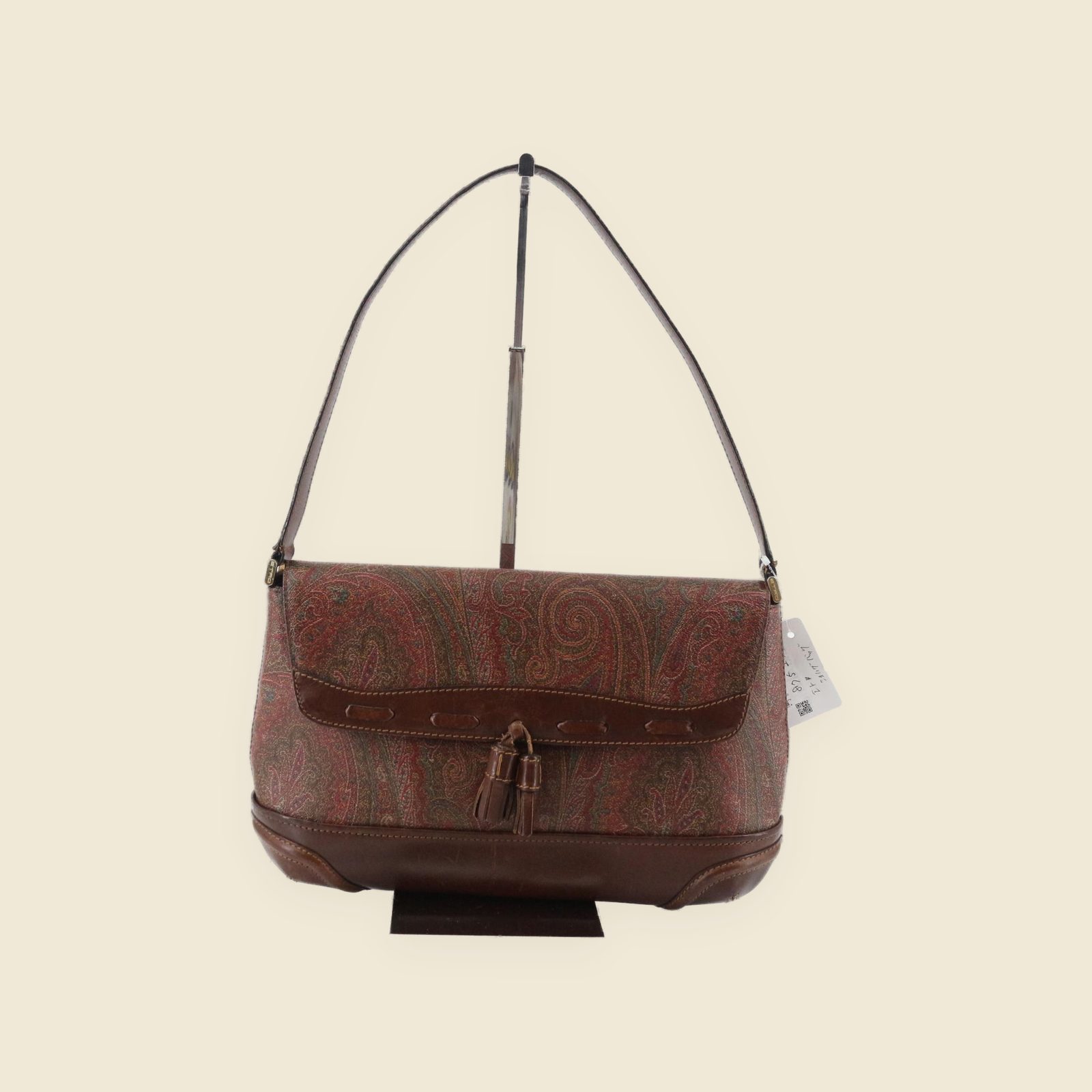 Borsa a spalla Etro in tela paisley bruna con fondo e profili in pelle, patta con nappina e manico singolo