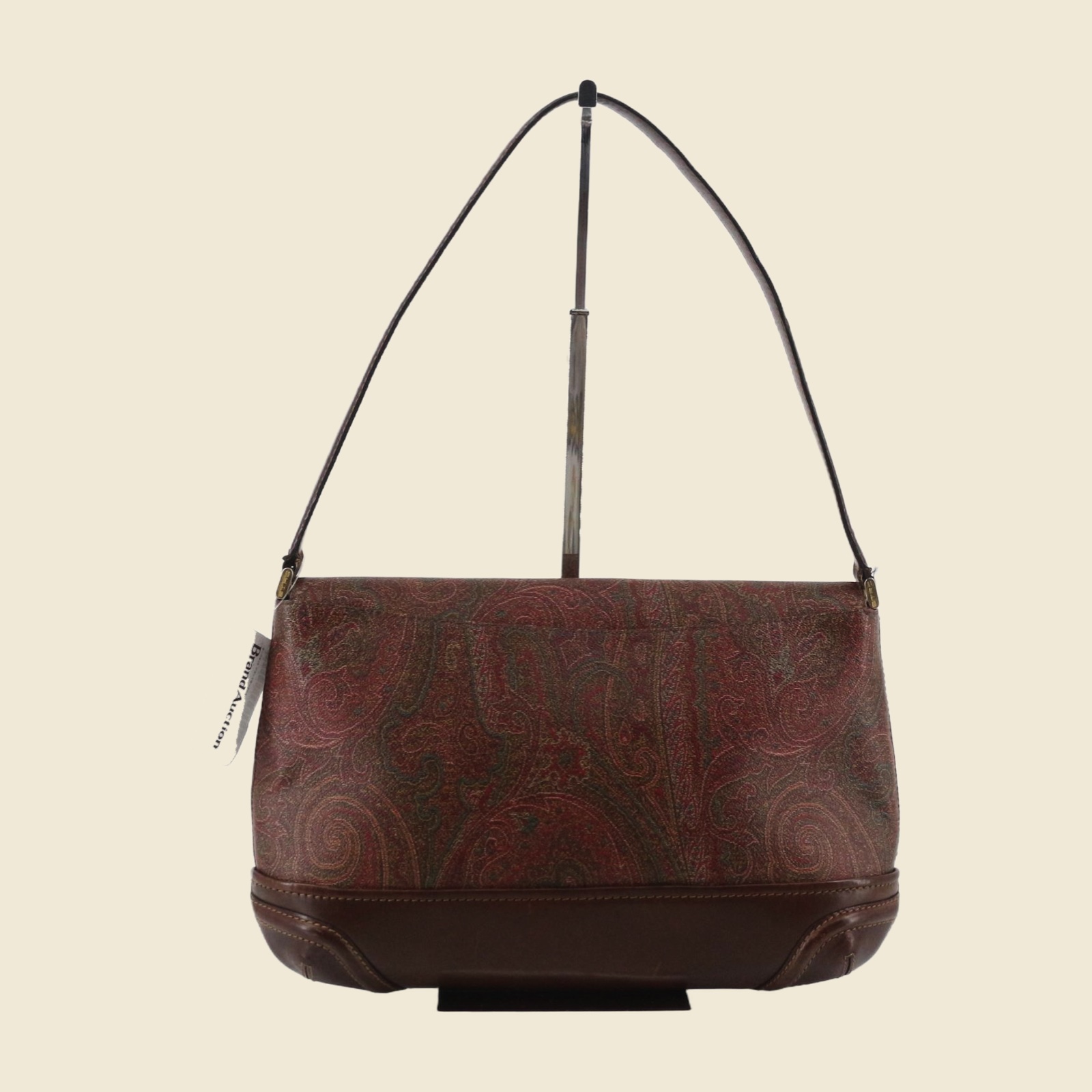 Borsa a spalla Etro in tela paisley bruna con fondo e profili in pelle, patta con nappina e manico singolo, vista frontale — vista 2