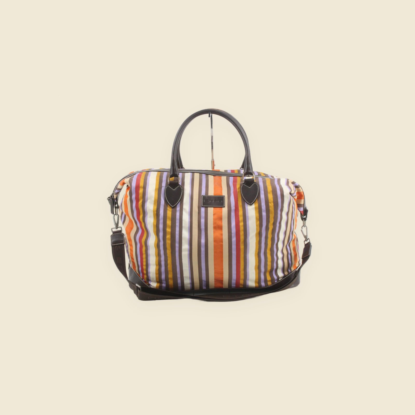 Borsa Boston Etro in tela a righe multicolori e pelle marrone, con due manici e tracolla, vista frontale