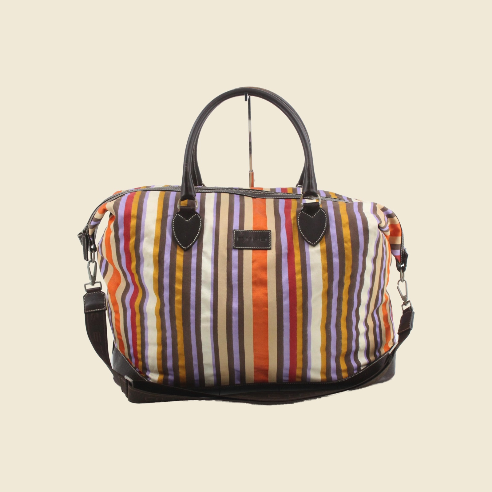 Borsa Boston Etro in tela a righe verticali multicolore, profili e fondo in pelle marrone, vista frontale