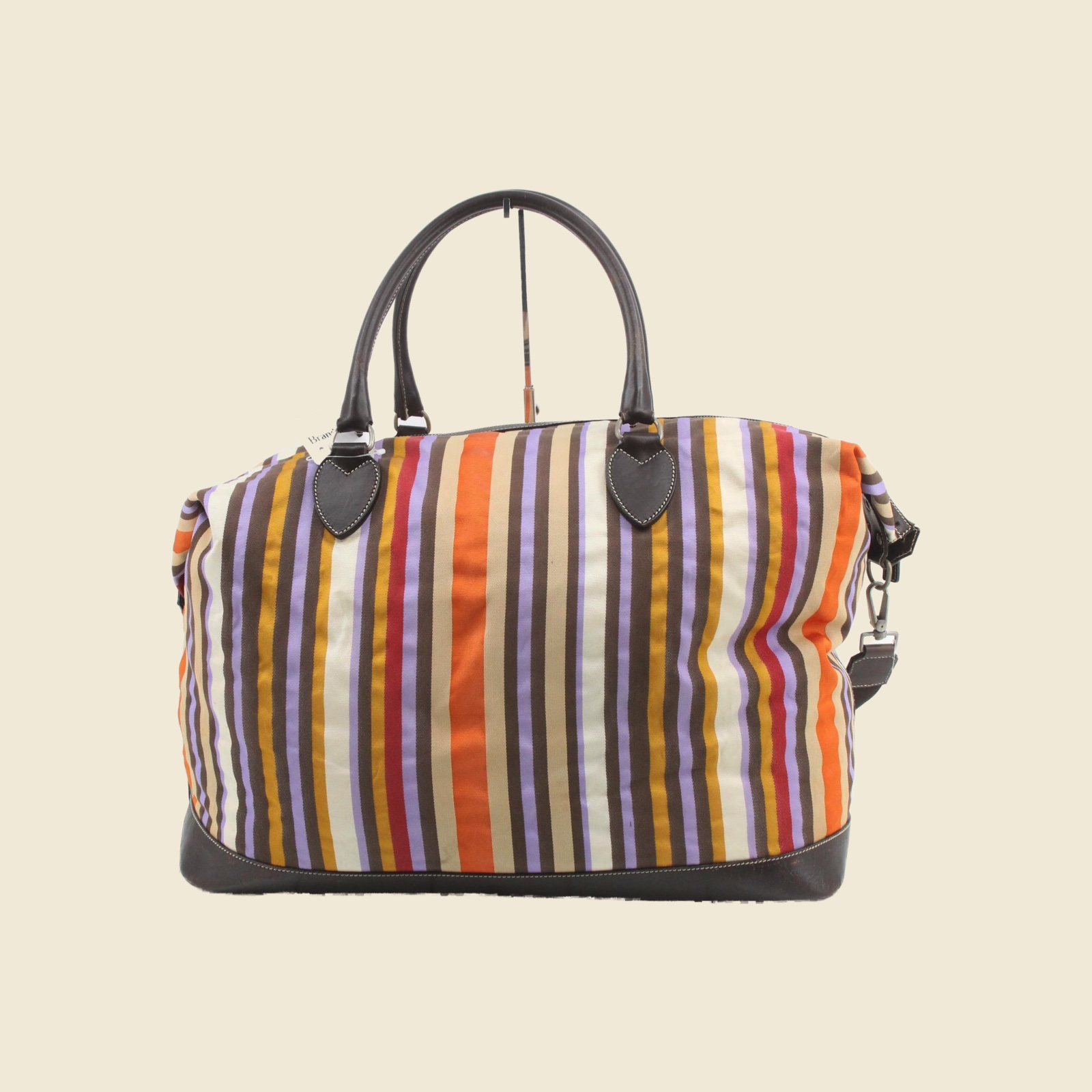 Borsa Boston Etro in tela a righe verticali multicolore, profili e fondo in pelle marrone, vista frontale — vista 2