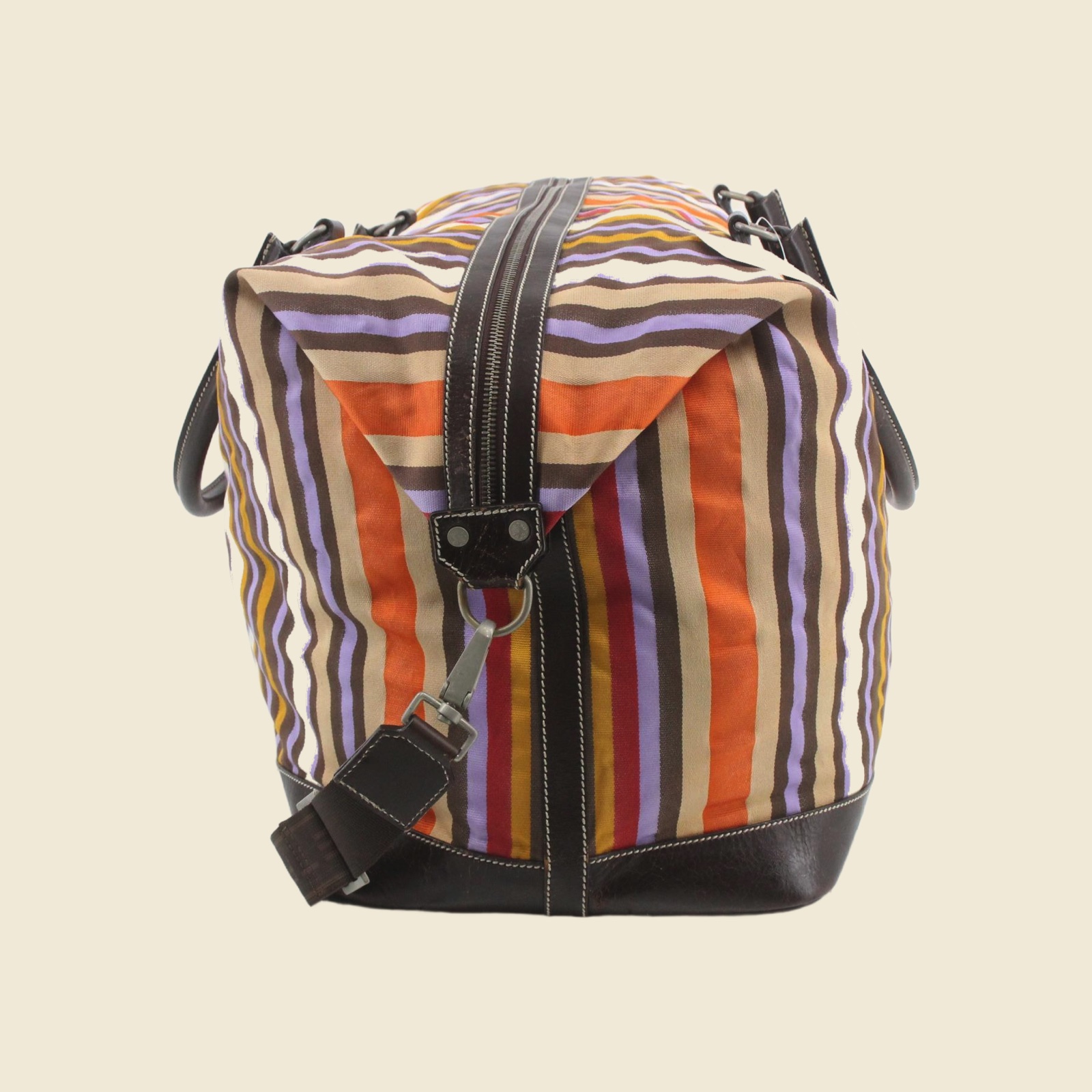 Borsa Boston Etro in tela a righe verticali multicolore, profili e fondo in pelle marrone, vista frontale — vista 3
