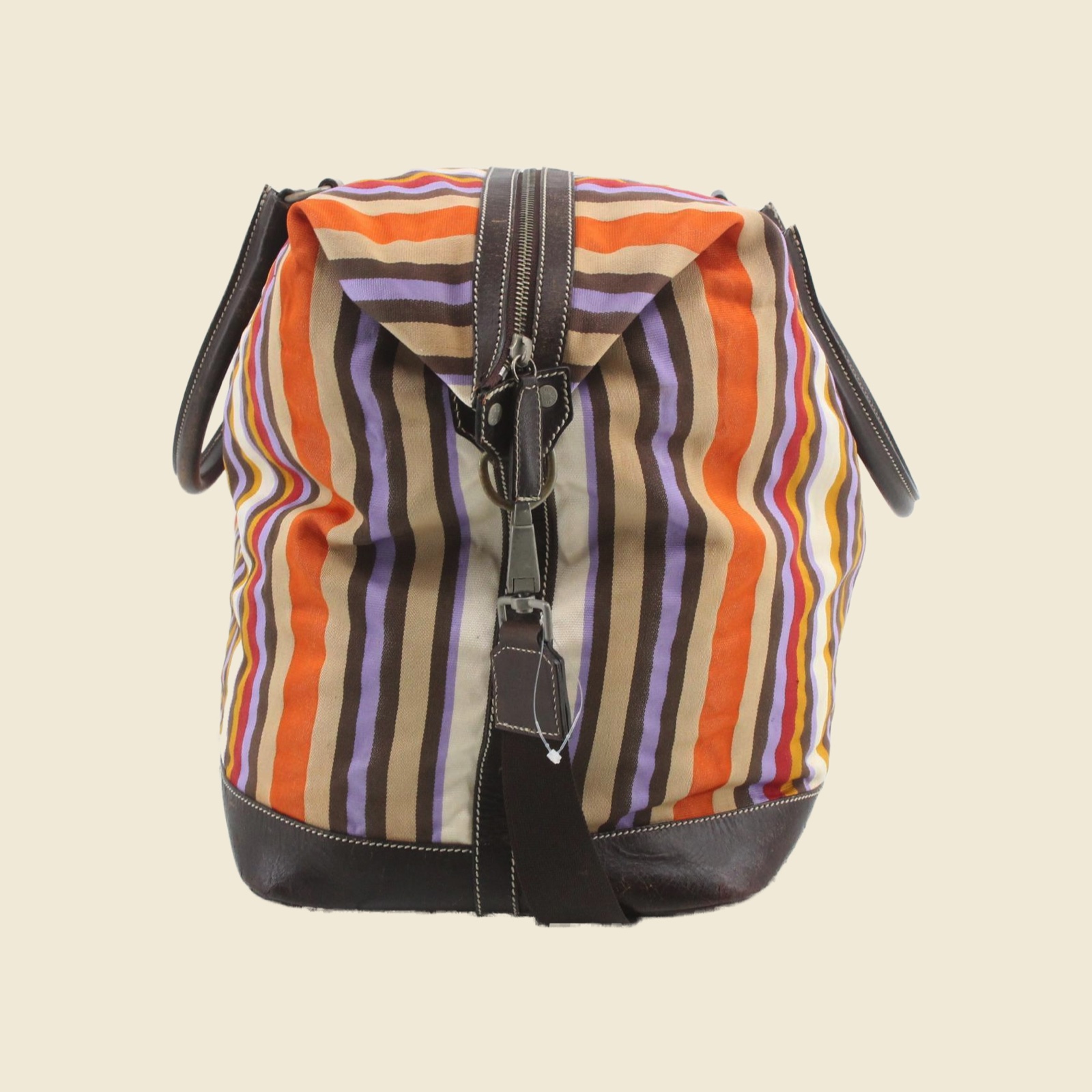 Borsa Boston Etro in tela a righe verticali multicolore, profili e fondo in pelle marrone, vista frontale — vista 4