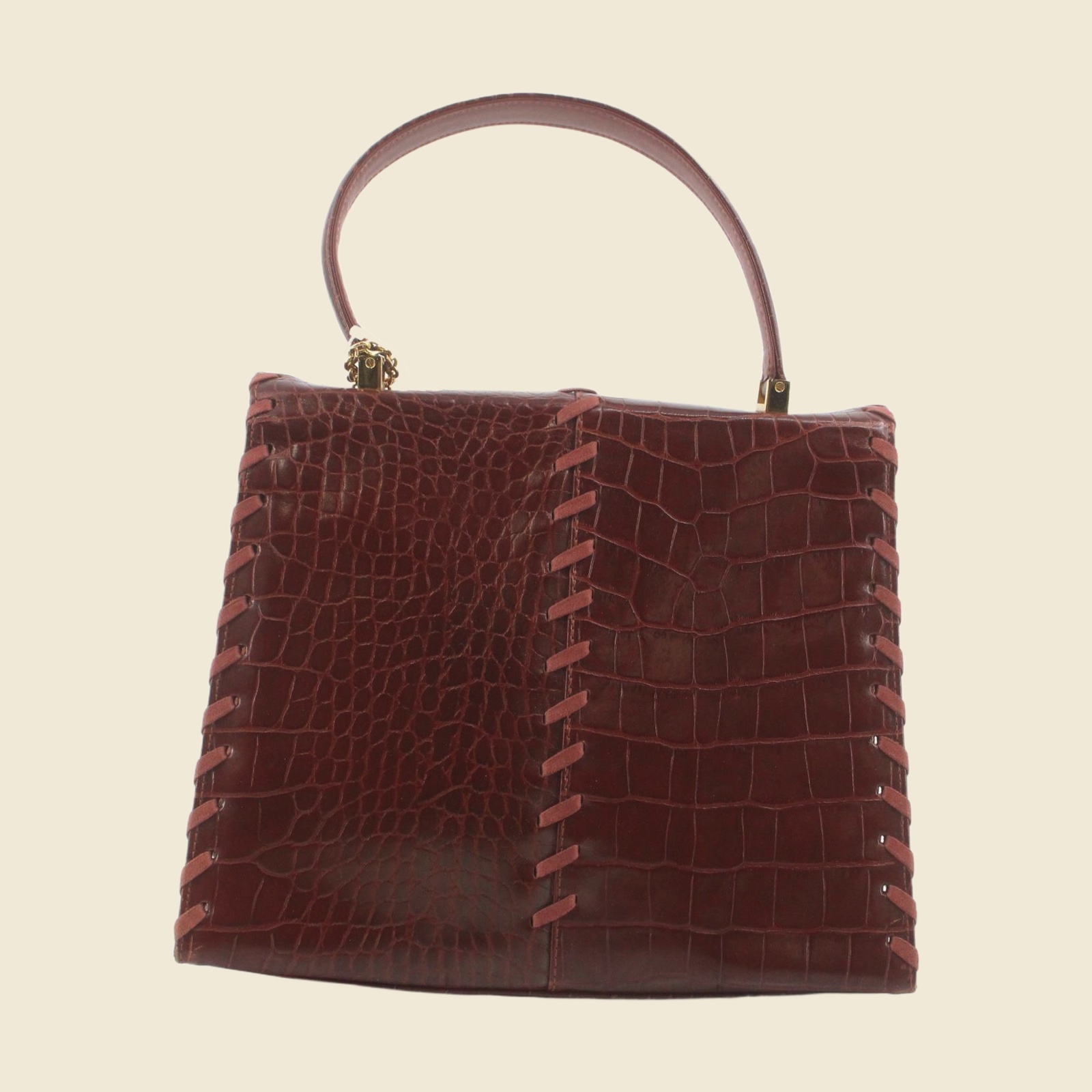 Borsa a mano Yves Saint Laurent in pelle stampa cocco castagna, manico singolo e pendente YSL dorato, vista frontale — vista 2