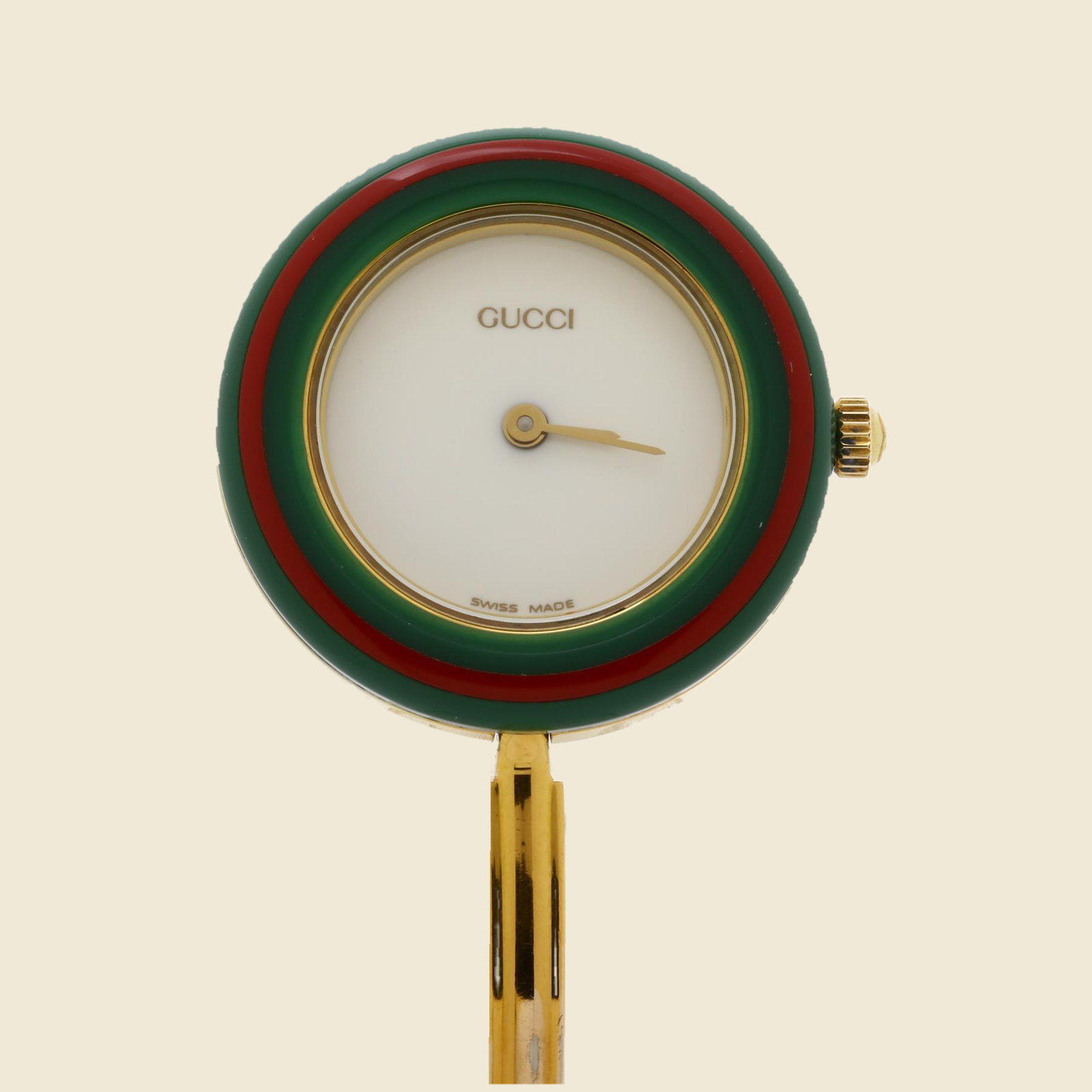 Orologio Gucci in metallo dorato, quadrante bianco, lunetta a cerchi verde e rosso, bracciale rigido, vista frontale