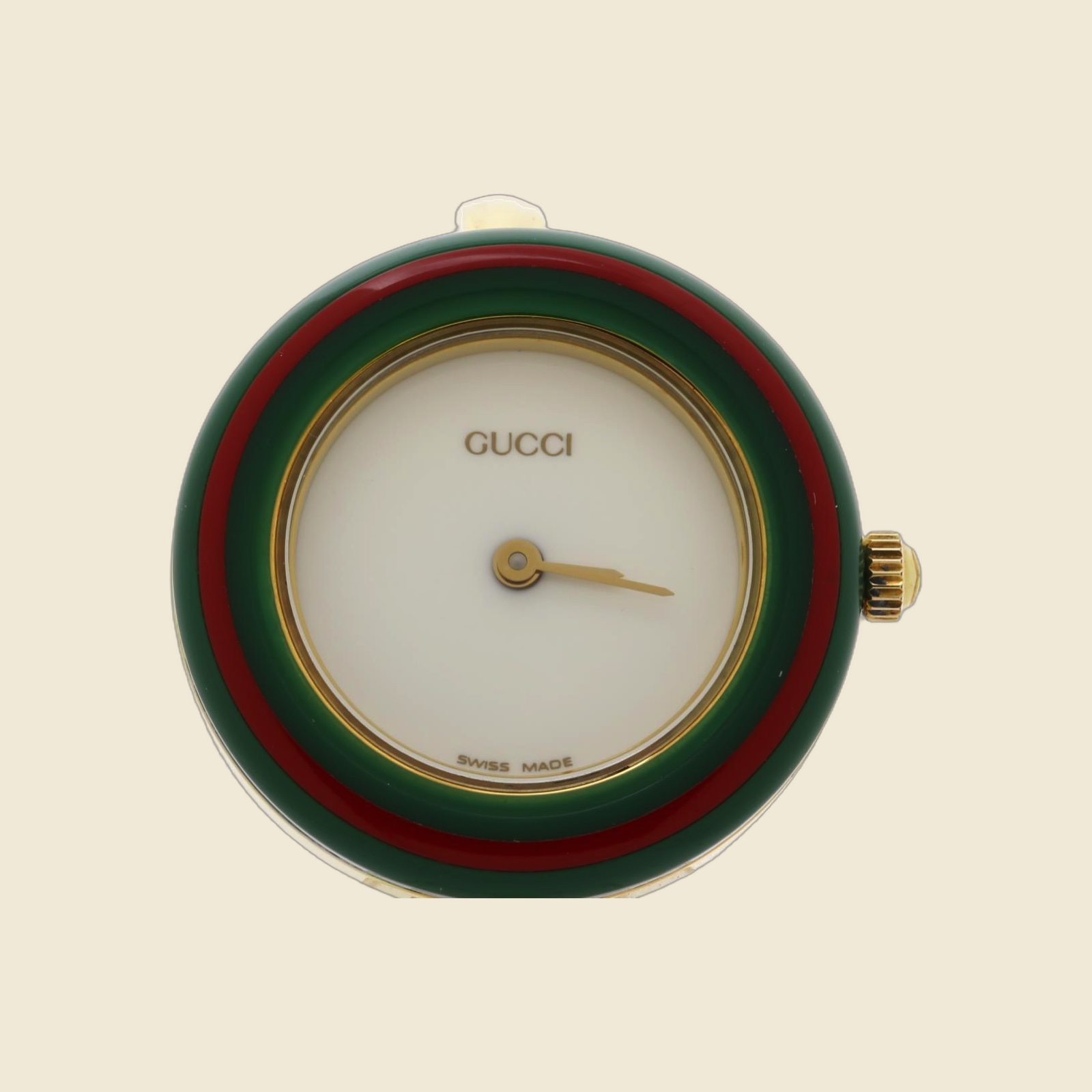 Orologio Gucci in metallo dorato, quadrante bianco, lunetta a cerchi verde e rosso, bracciale rigido, vista frontale