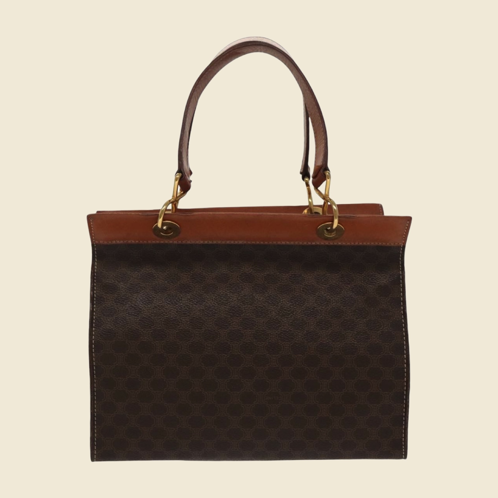 Borsa a mano Celine in tela monogramma marrone, profili e doppi manici in cuoio, ferramenta dorata, vista di tre quarti — vista 2