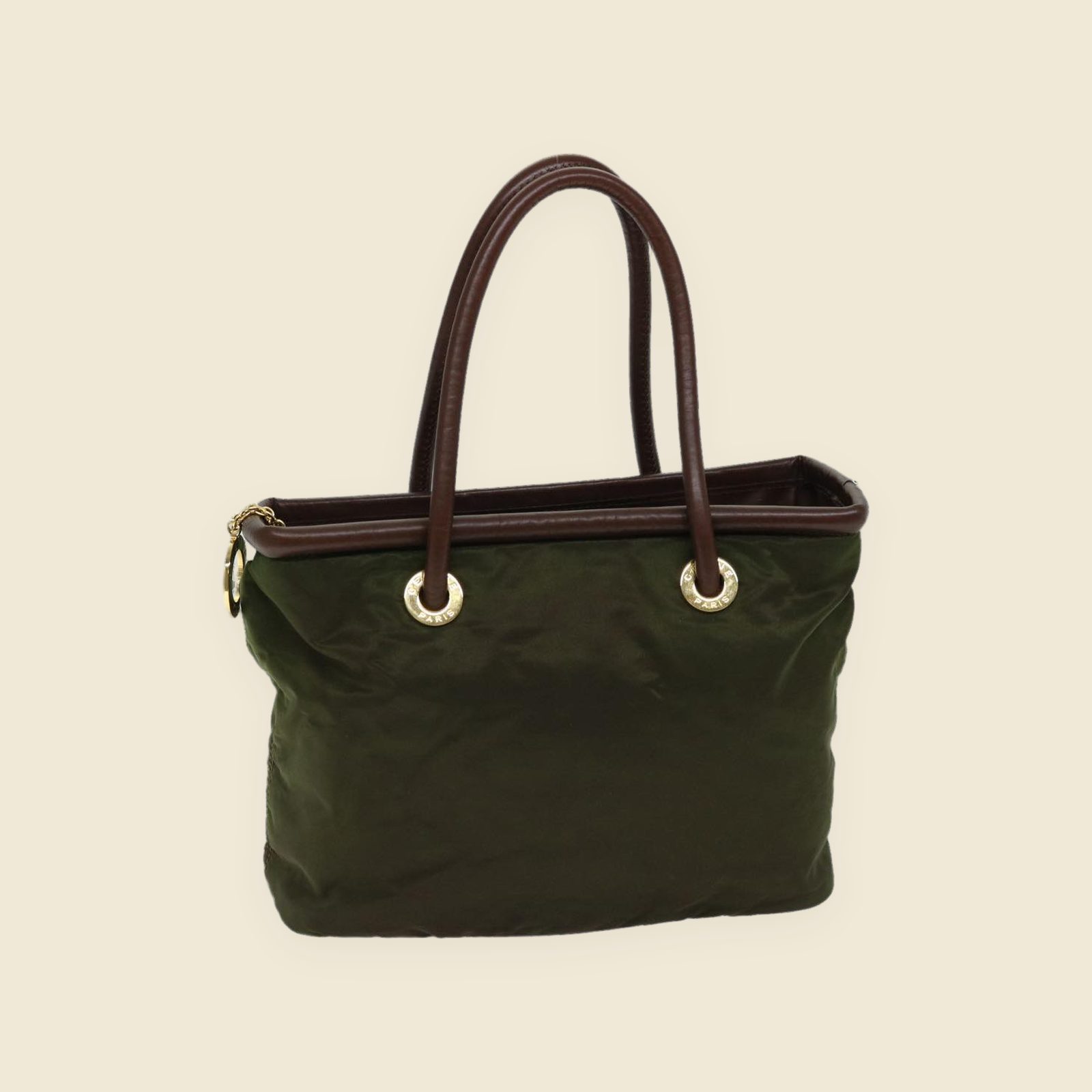 Borsa a mano Celine in tessuto verde oliva con profili e doppi manici in pelle marrone e ferramenta dorata