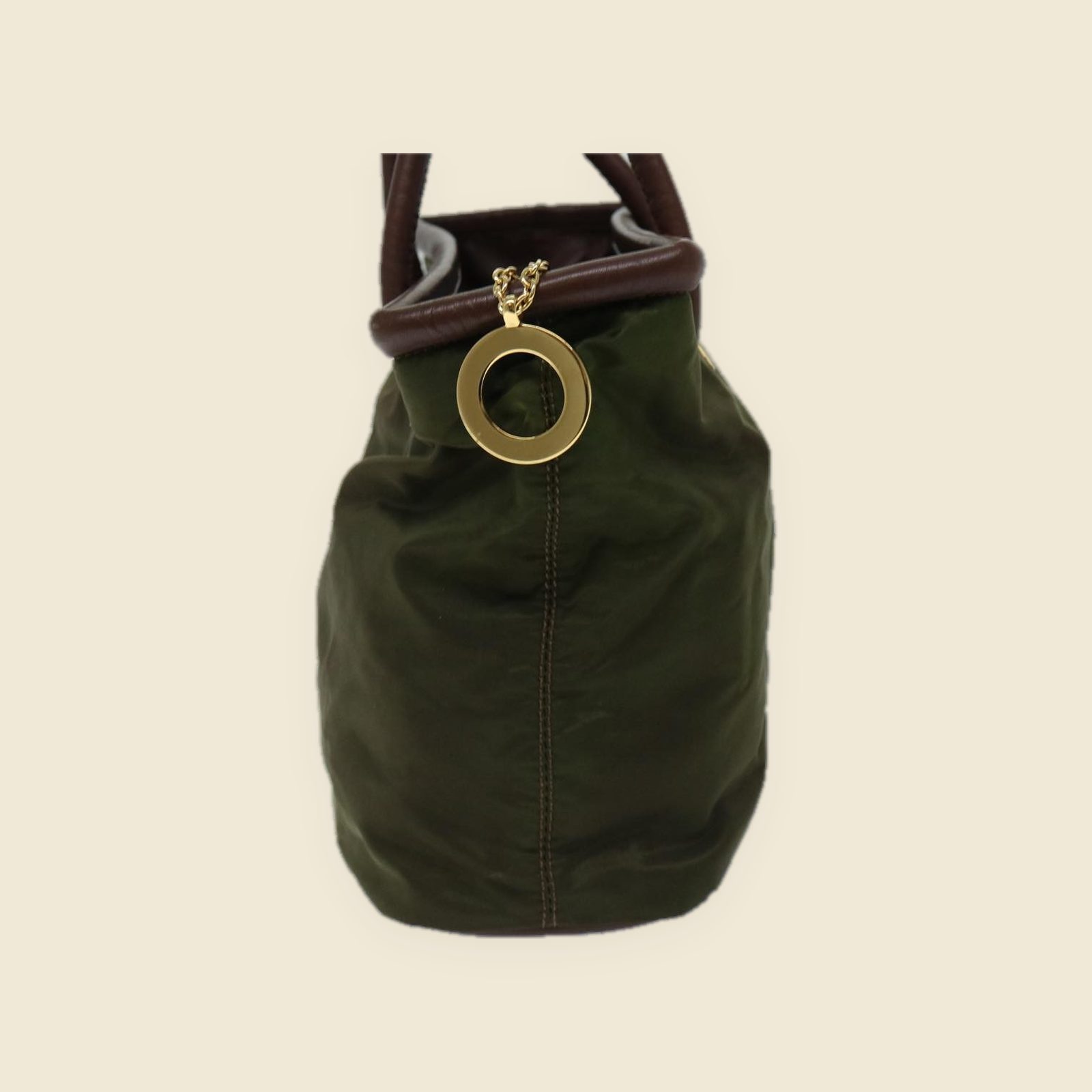 Borsa a mano Celine in tessuto verde oliva con profili e doppi manici in pelle marrone e ferramenta dorata — vista 3