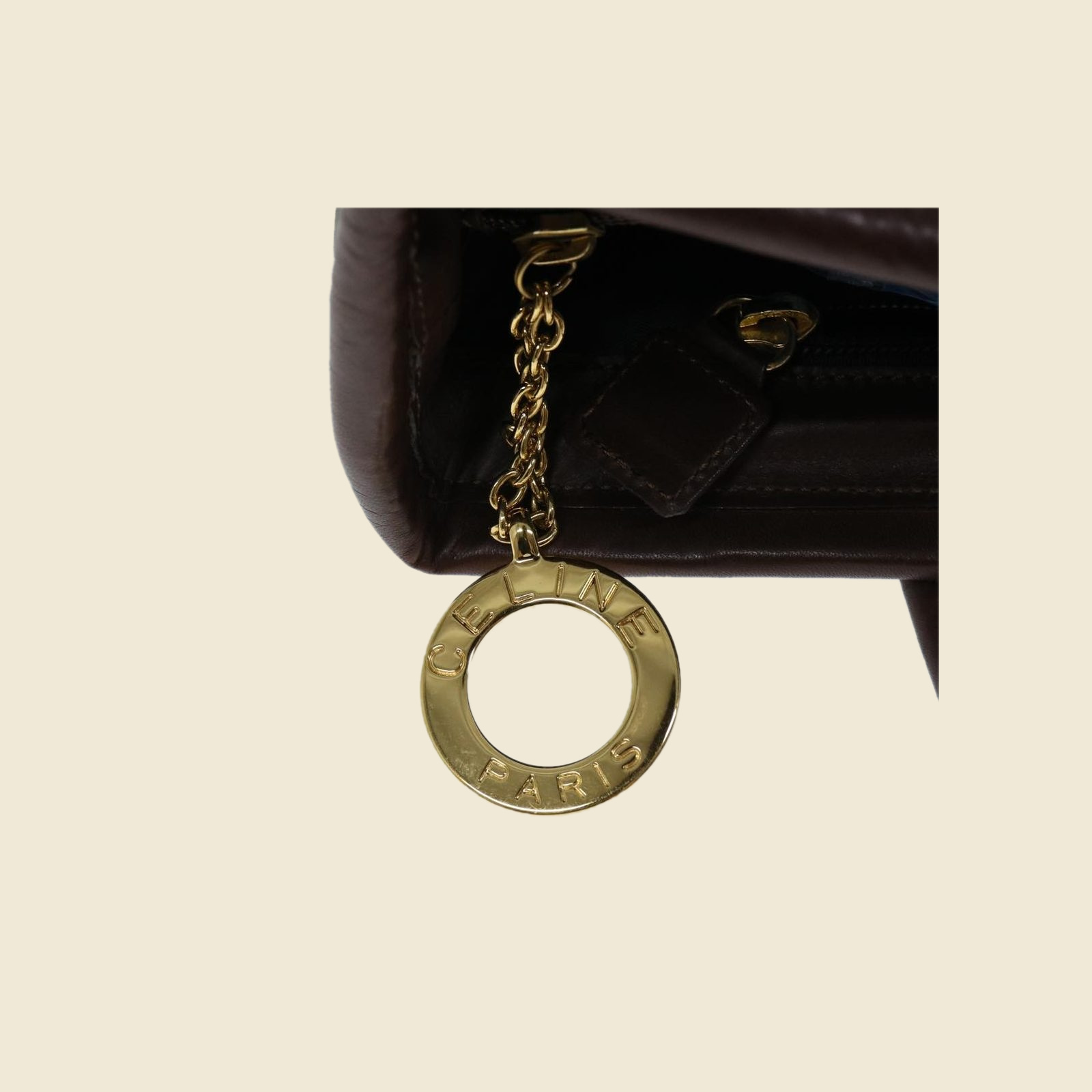 Borsa a mano Celine in tessuto verde oliva con profili e doppi manici in pelle marrone e ferramenta dorata — vista 4