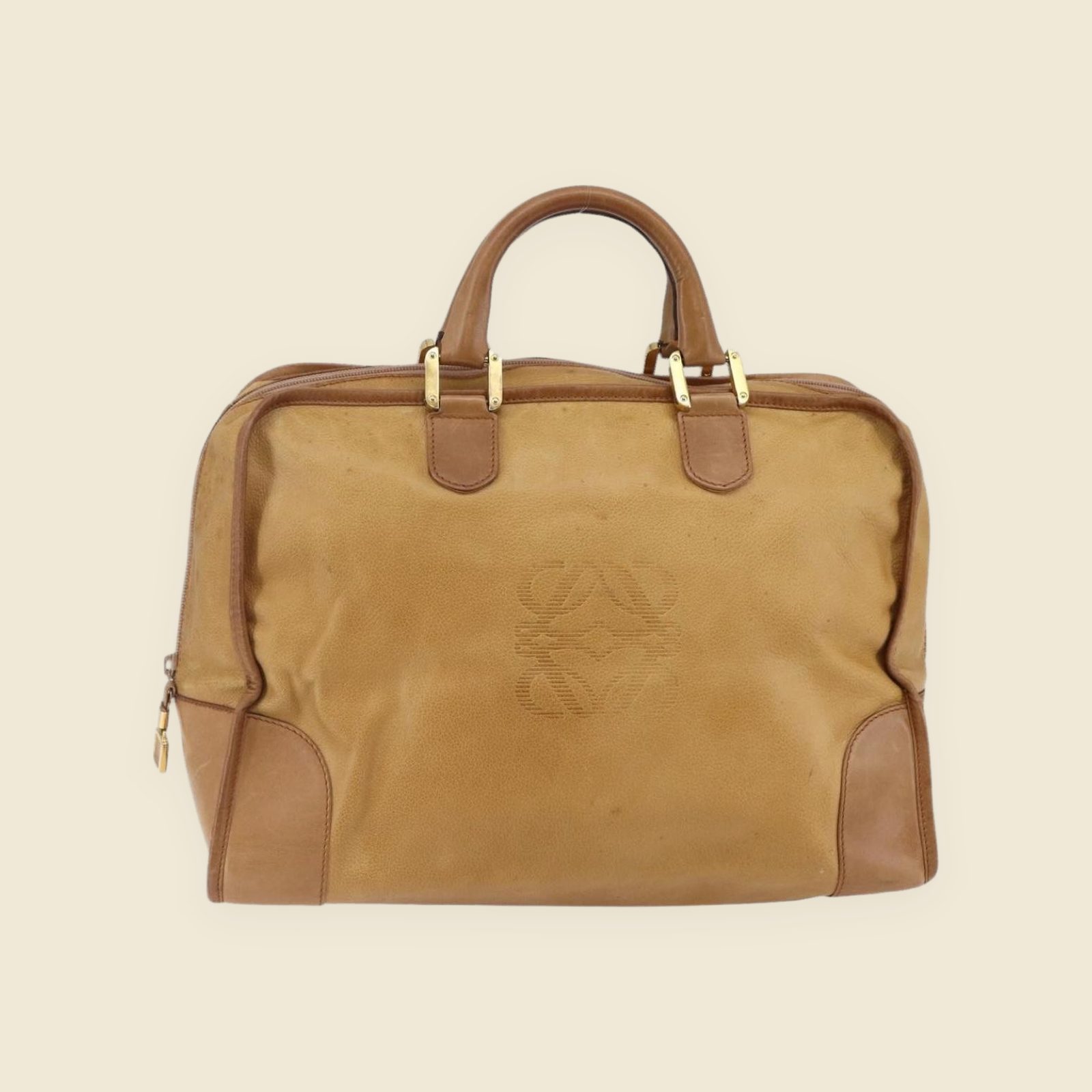 Borsa a mano Loewe in camoscio e pelle color cammello con doppi manici, zip e logo impresso, vista frontale