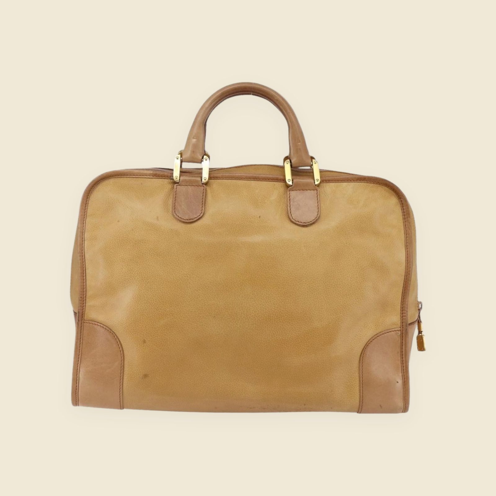 Borsa a mano Loewe in camoscio e pelle color cammello con doppi manici, zip e logo impresso, vista frontale — vista 2