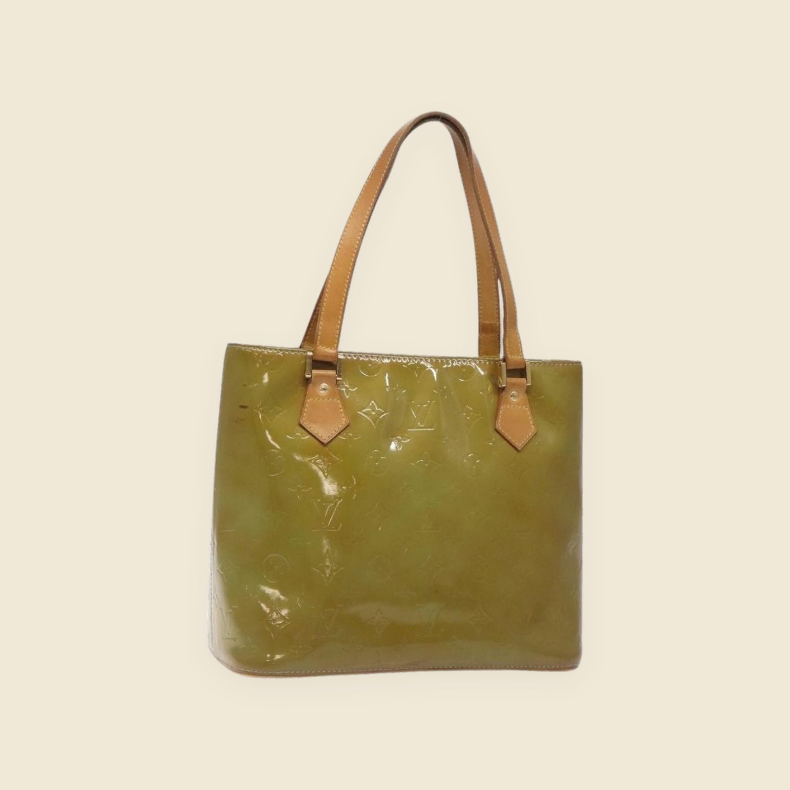 Borsa a spalla Louis Vuitton in pelle verniciata verde oliva con monogramma impresso e manici in pelle, vista frontale