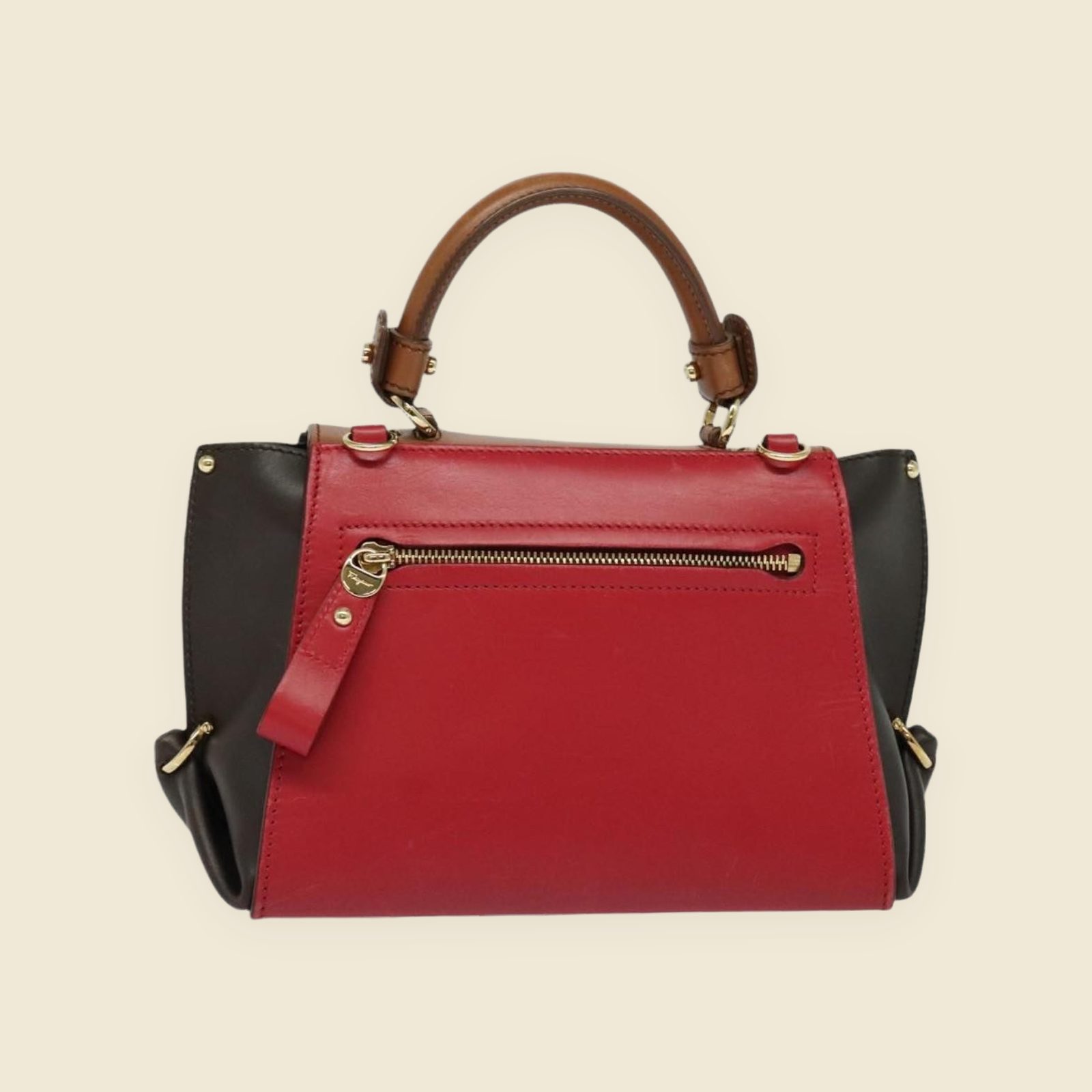 Borsa a mano Salvatore Ferragamo in pelle rossa, cognac e marrone, manico superiore e gancio dorato, vista frontale — vista 2