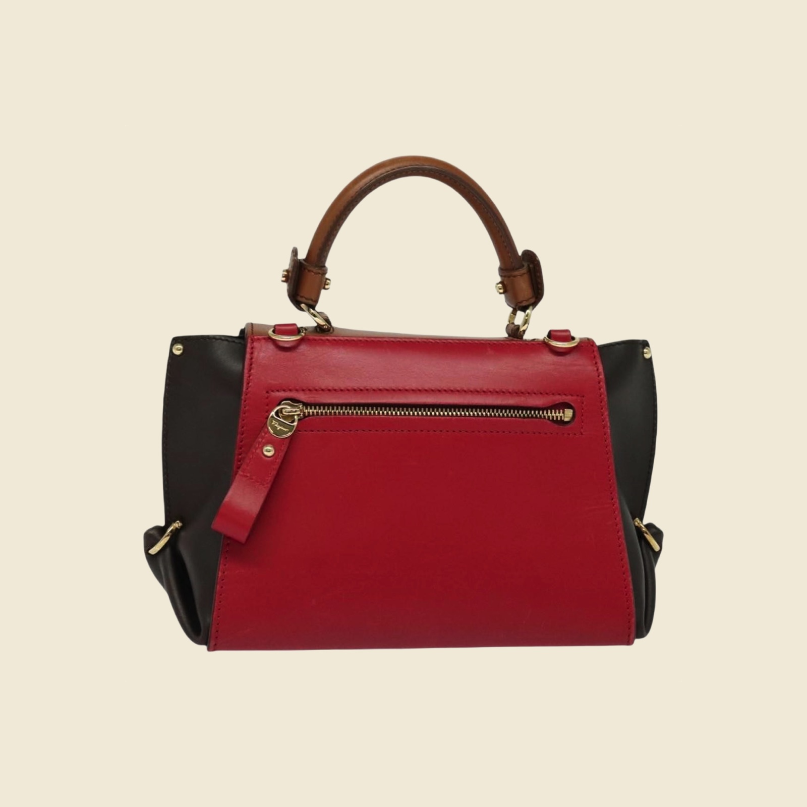 Borsa a mano Salvatore Ferragamo in pelle rossa, cognac e marrone, manico superiore e gancio dorato, vista frontale — vista 2