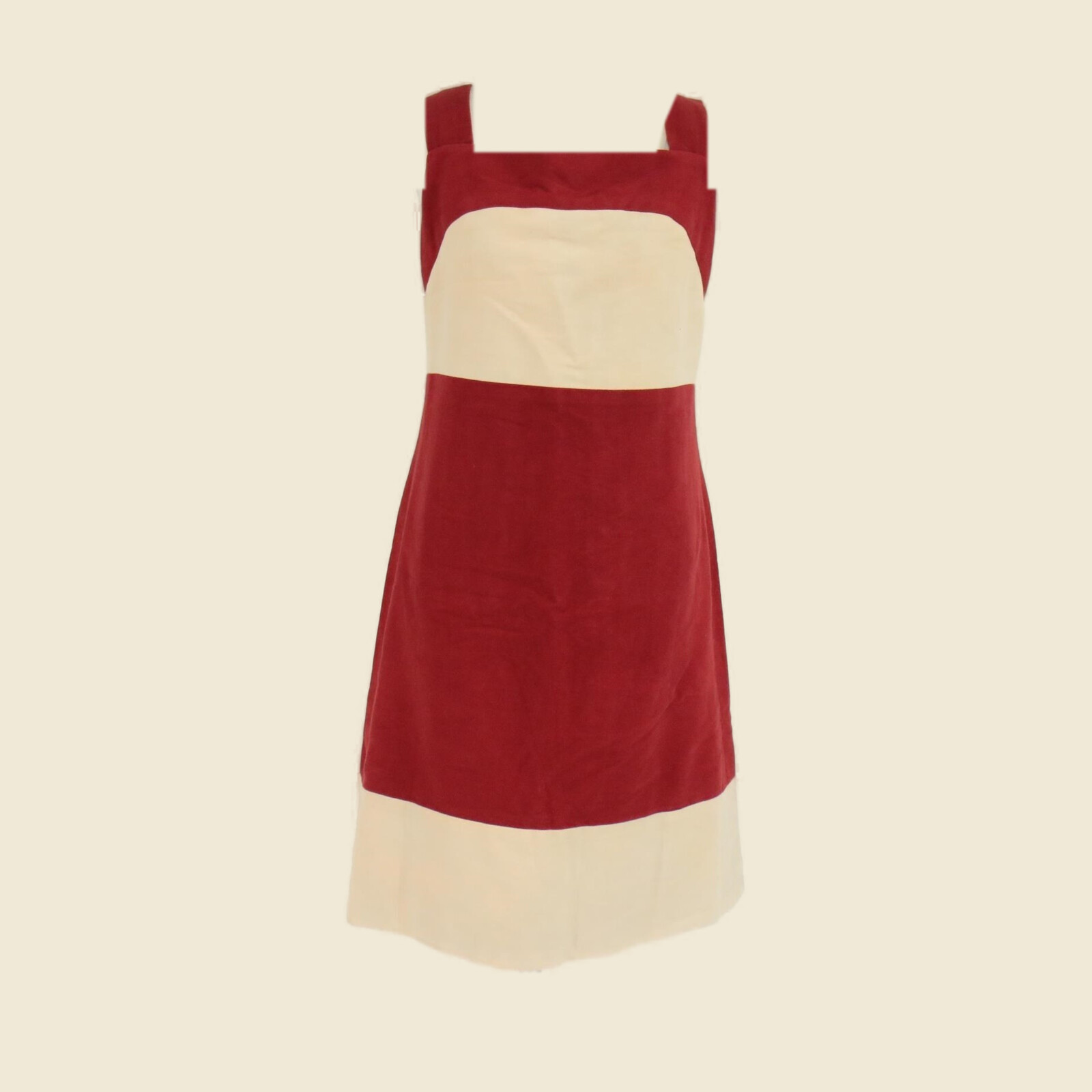 Abito Chanel in cotone rosso e crema a blocchi, senza maniche, su manichino