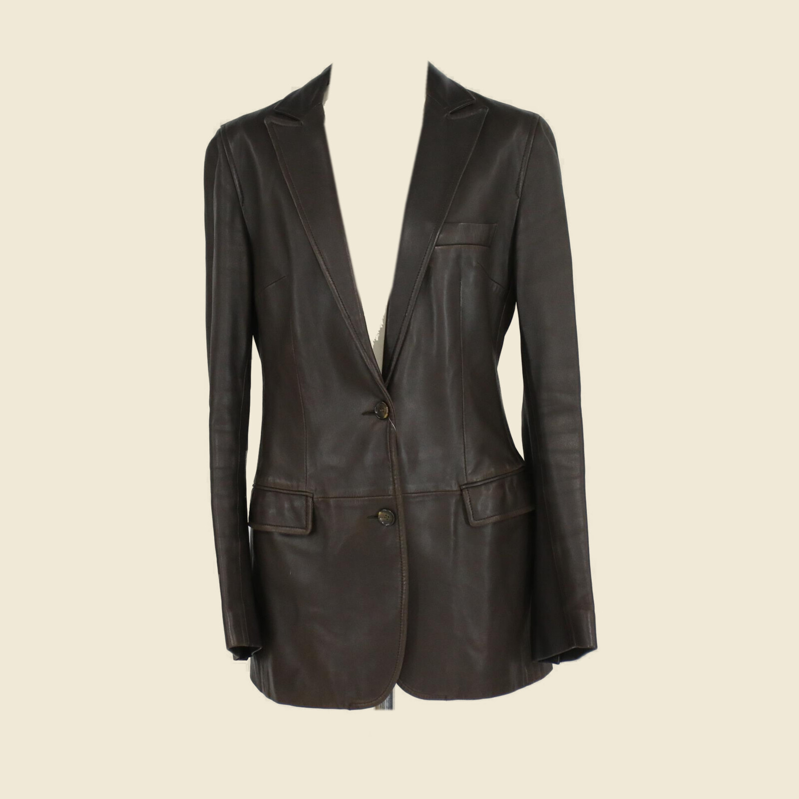 Giacca Dolce&Gabbana in pelle marrone, monopetto, su manichino