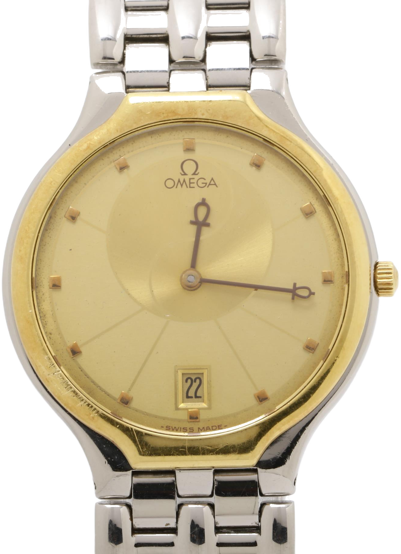 Orologio Omega De Ville bicolore, cassa in acciaio con lunetta dorata e quadrante champagne, datario a ore sei, vista